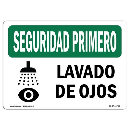 SIGNMISSION OSHA SAFETY FIRST Sign, Eye Bath Spanish, 24in X 18in Decal, 24" W, 18" H, Landscape OS-SF-D-1824-L-10783